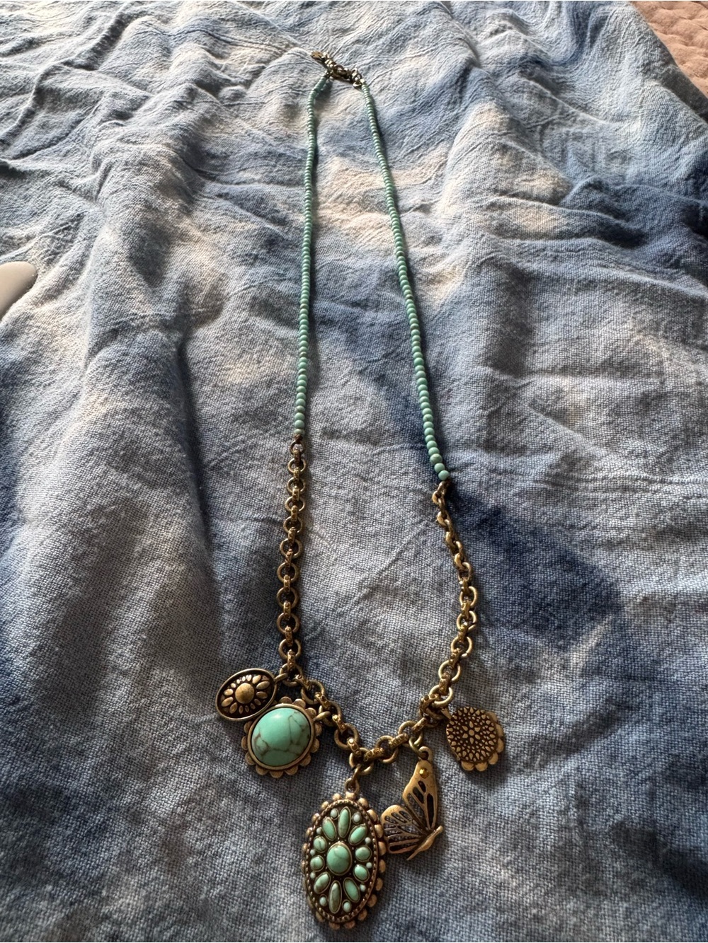 Lucky Brand Turquoise Charm Pendant Necklace - Gold-Tone Chain - Picture 2 of 2